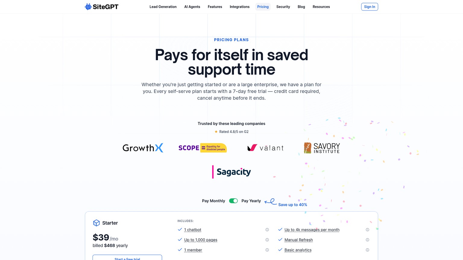 SiteGPT pricing page with model-weighted message quotas and refresh limits