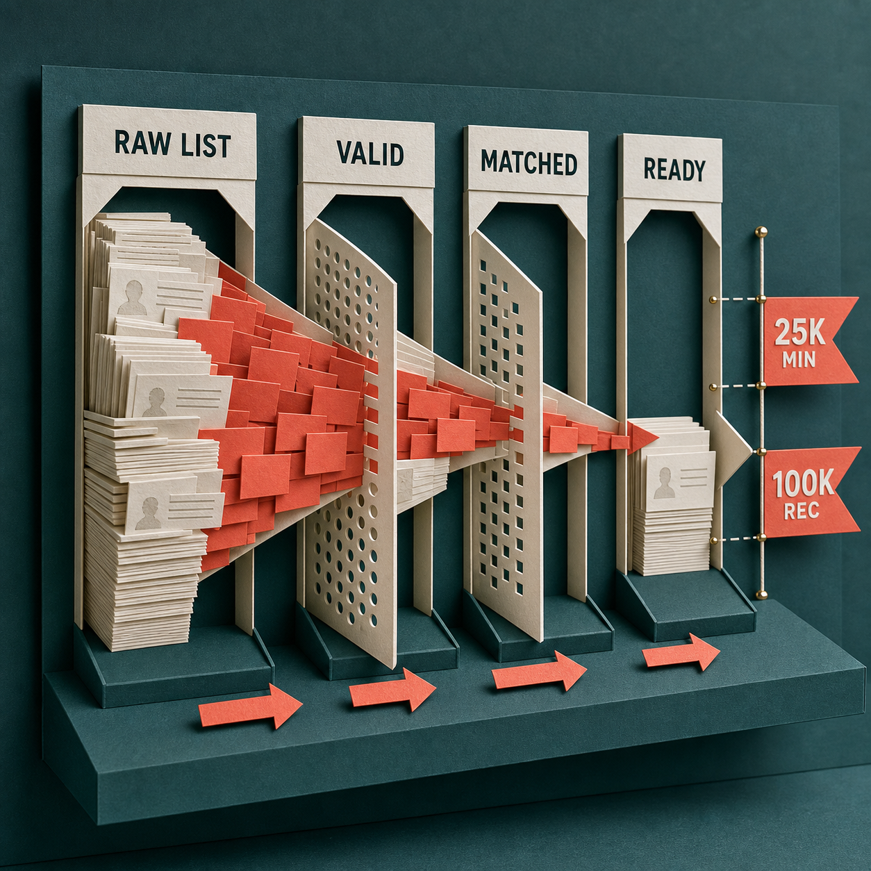 Audience preparation funnel from raw list to valid records, matched users, and Ready status