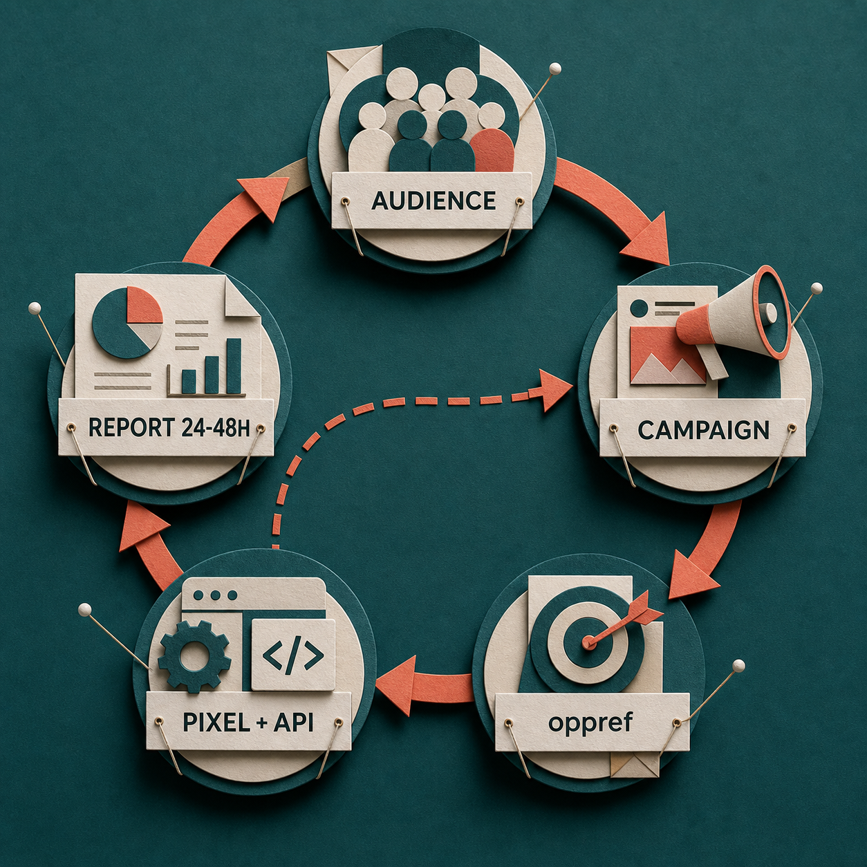 Measurement loop from audience and campaign through oppref, Pixel and Conversions API, and delayed reporting