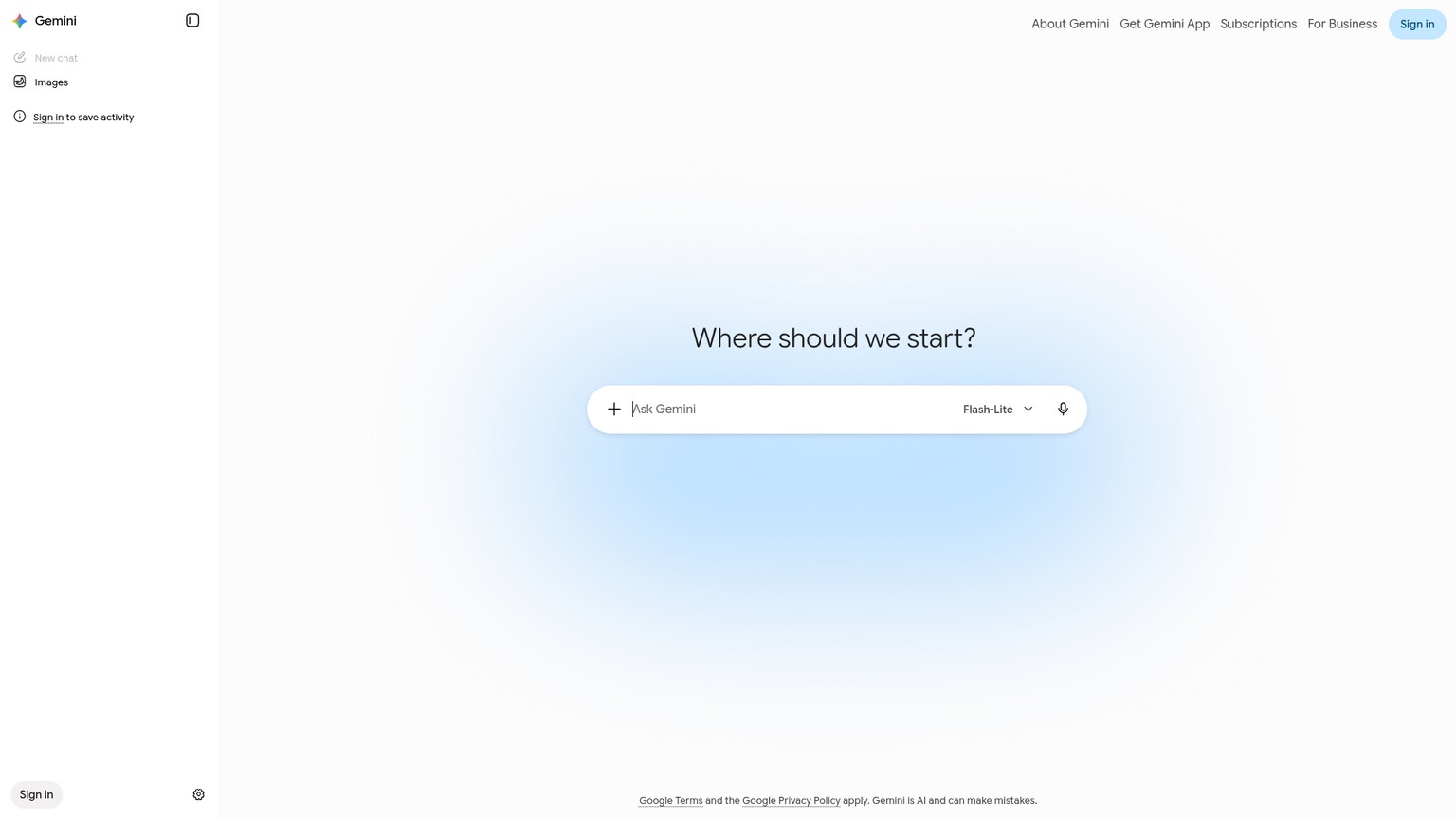 Page d'accueil de l'assistant Google Gemini