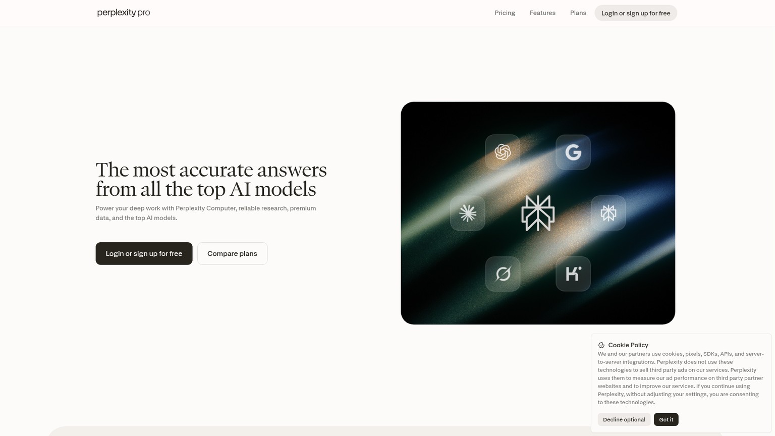 Perplexity pricing page showing Pro and Max plans