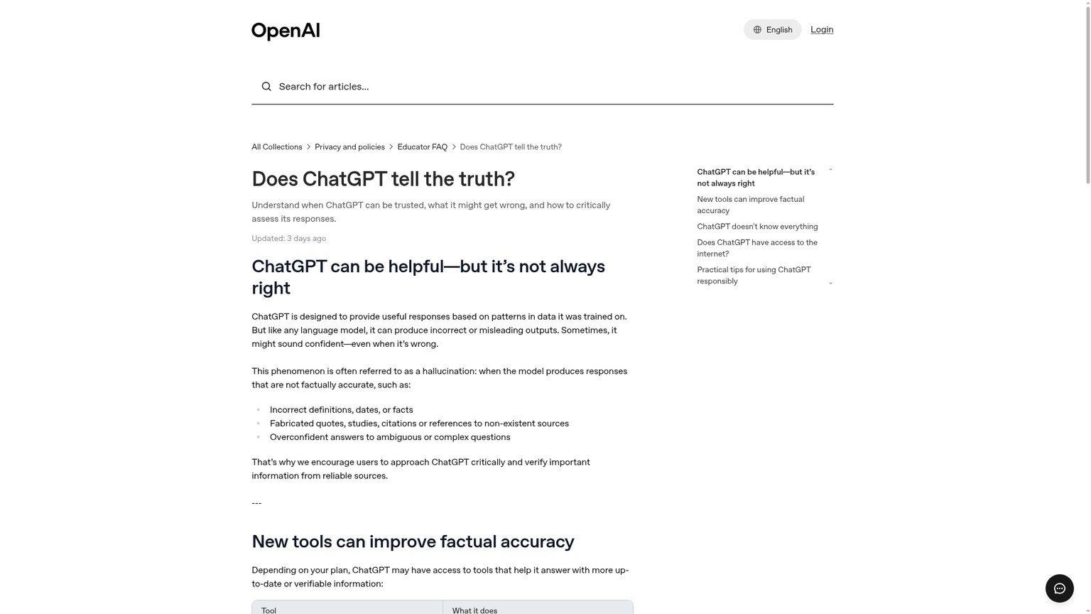 OpenAI guidance on ChatGPT accuracy and hallucinations