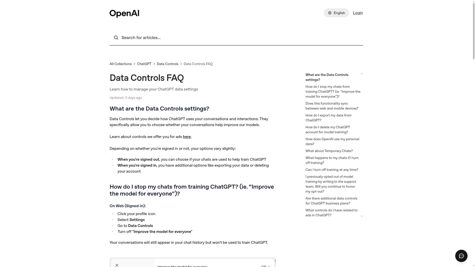 OpenAI ChatGPT Data Controls settings page
