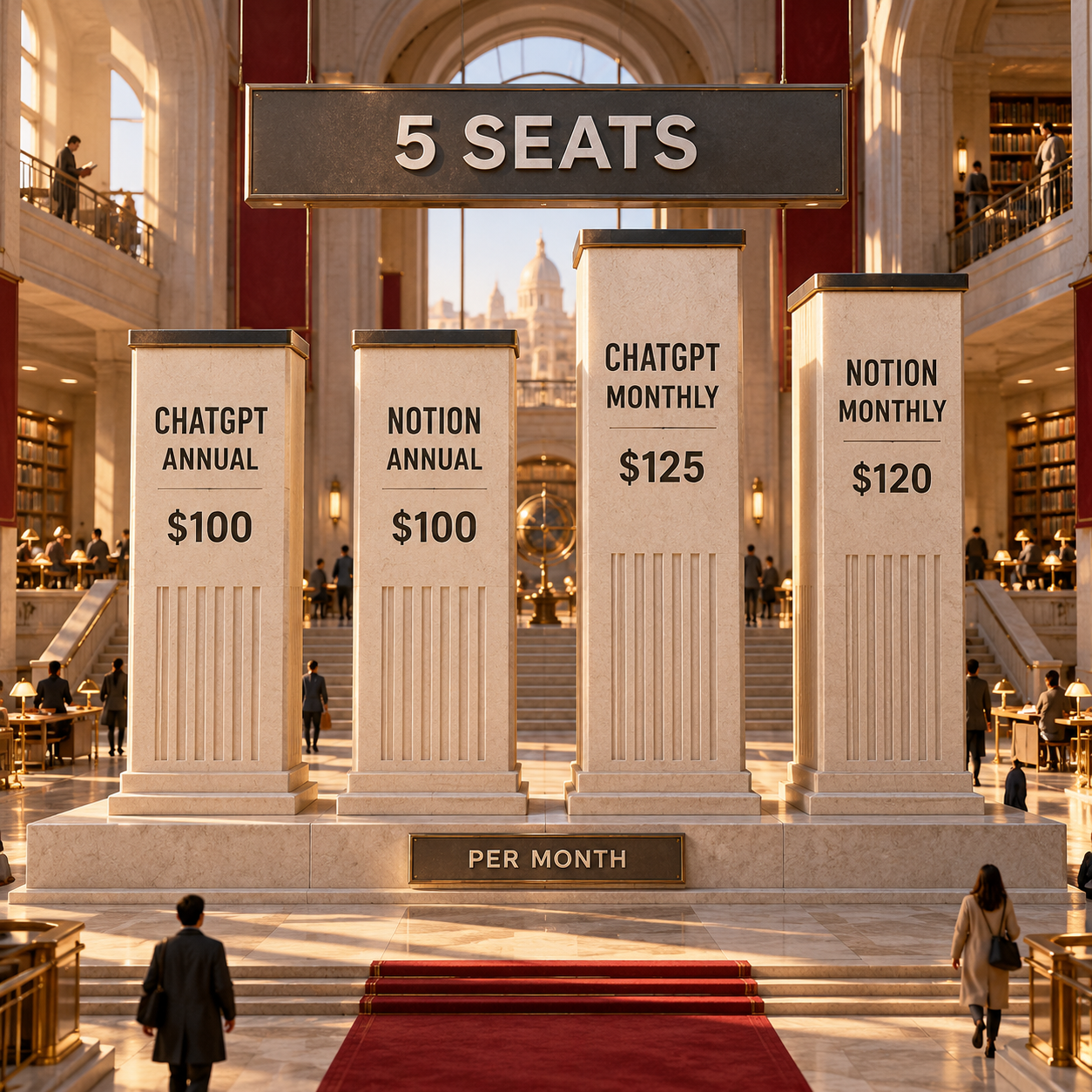 Five-seat cost chart comparing annual and monthly ChatGPT Business and Notion Business totals