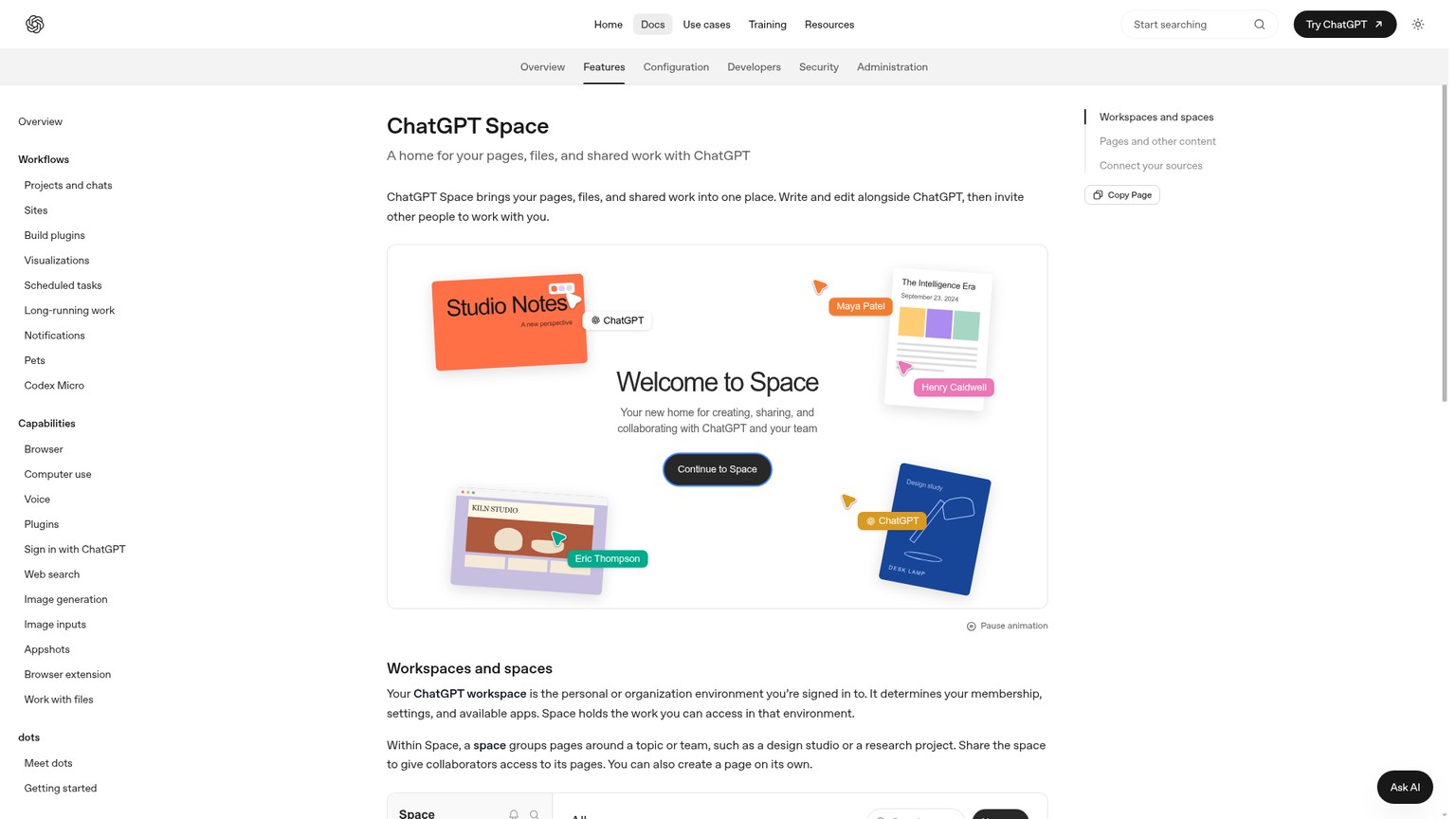 ChatGPT Space documentation showing the shared AI workspace