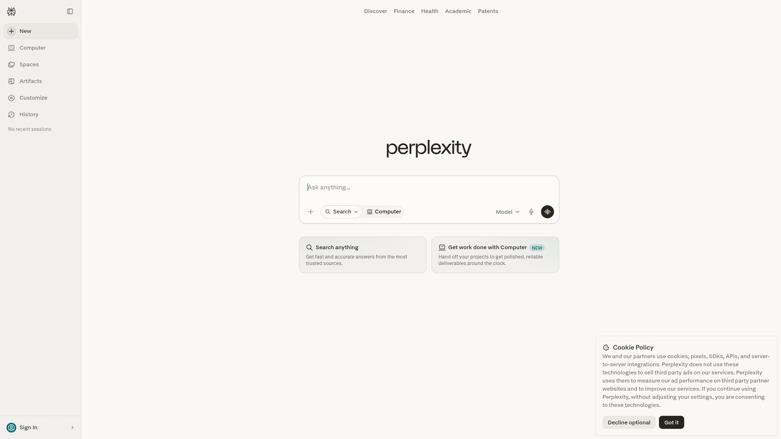 Interfaccia di Perplexity