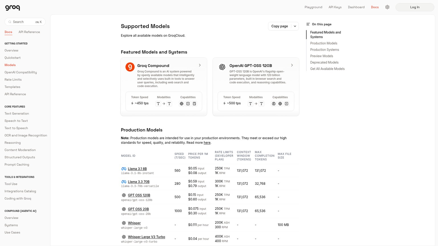 Groq production models, speed, price, and context table
