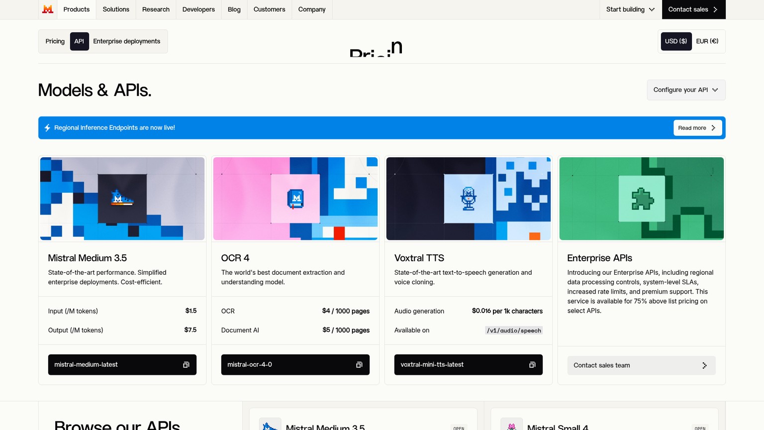 Mistral API model pricing page
