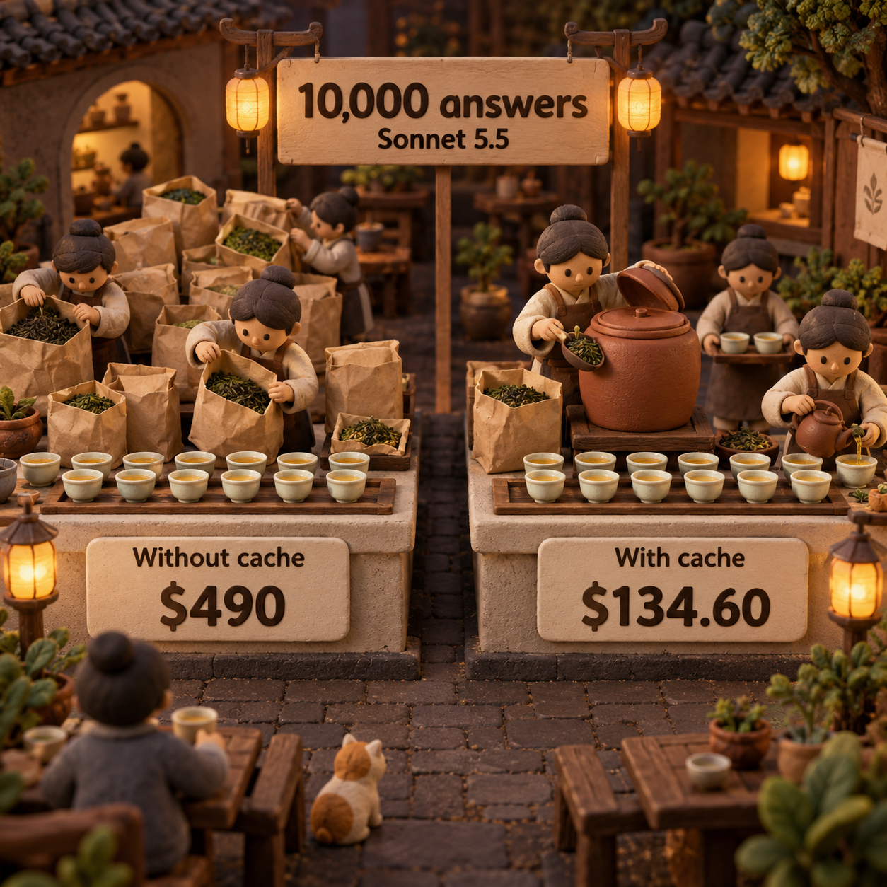 Two clay tea counters compare the assumed 10,000-answer Sonnet workload: $490 without cache and $134.60 with cache
