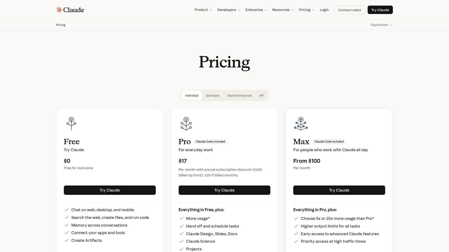 Claude's official pricing page with API model rates and platform feature charges