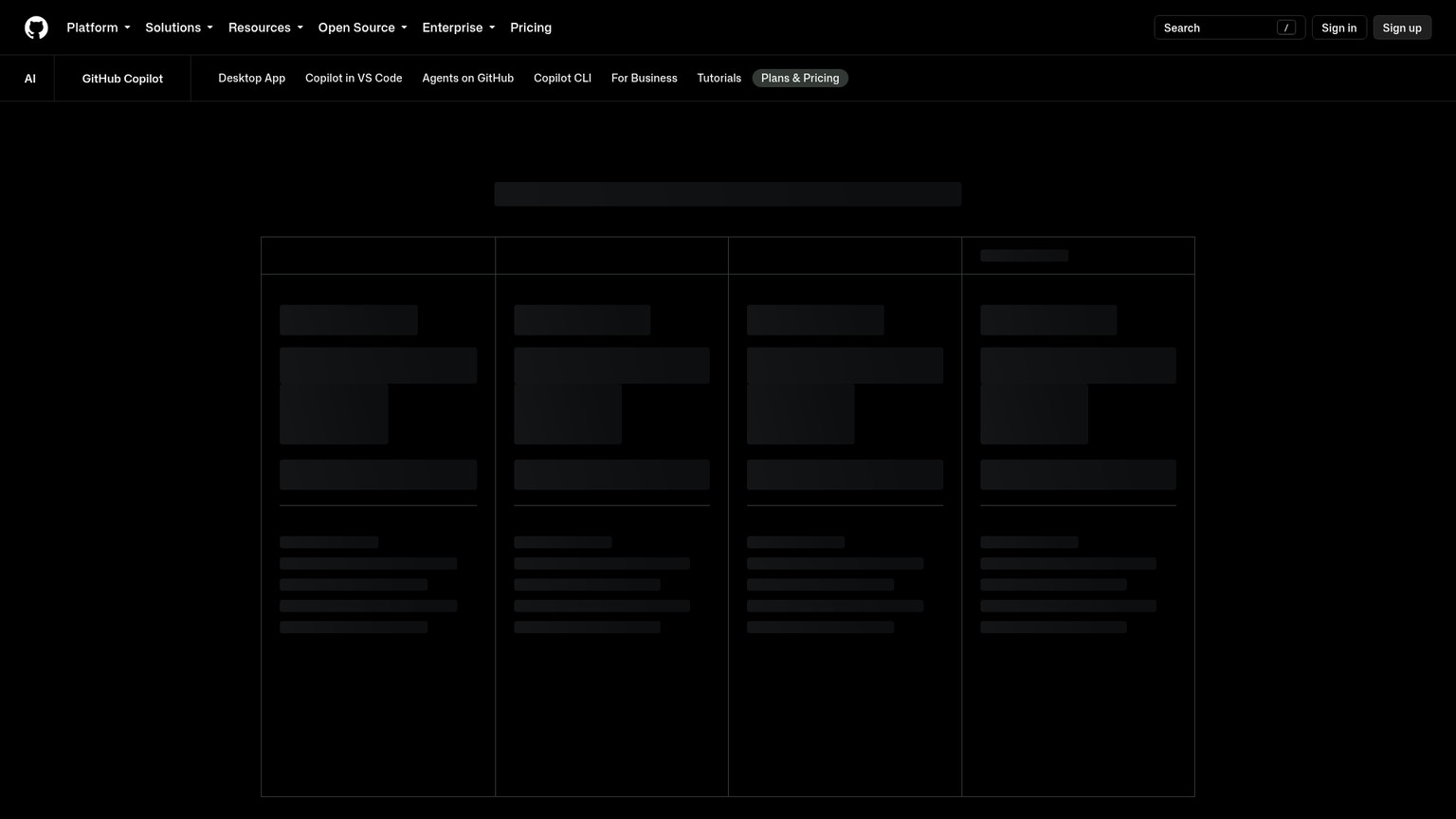 GitHub Copilot plans page showing Free, Pro, Pro Plus, and Max
