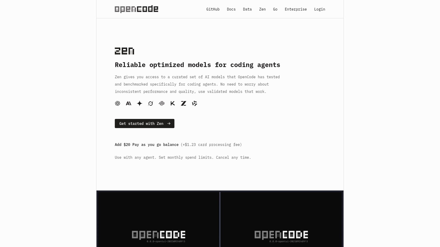 OpenCode Zen page showing pay-as-you-go balance and spend limits