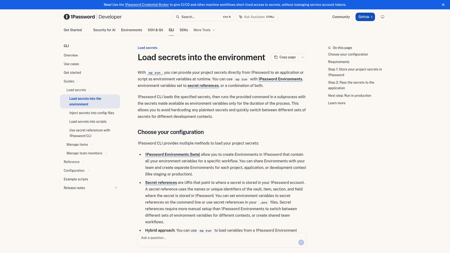 1Password developer documentation for injecting secrets into environment variables at runtime