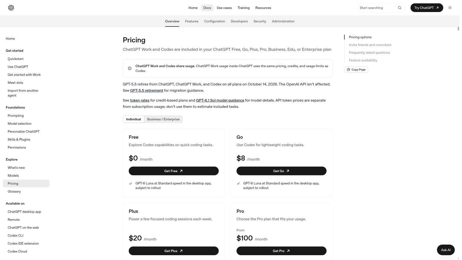 ChatGPT PlusとProからCodex CLIを利用できることを示すOpenAIの料金ページ