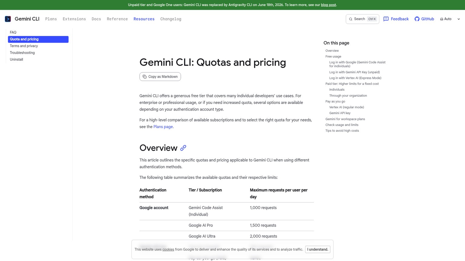 個人向けサービスの移行案内と認証方法別の上限を掲載したGoogle Gemini CLIの利用枠ドキュメント