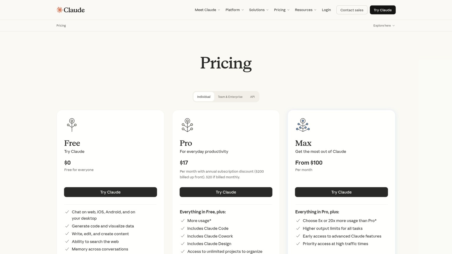 Claude pricing page showing Free, Pro, and Max plan tiers