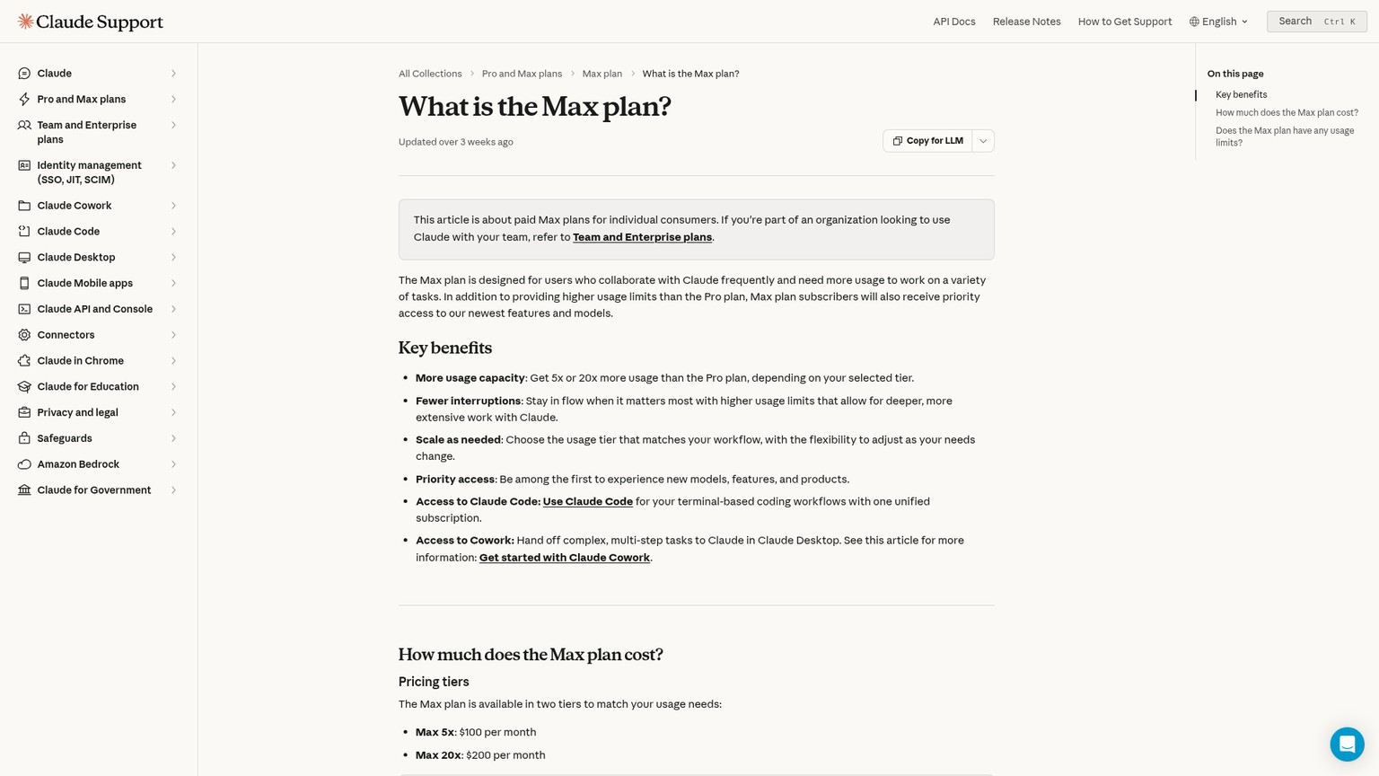 Anthropic Help Center page showing Claude Max 5x and Max 20x prices and usage multipliers