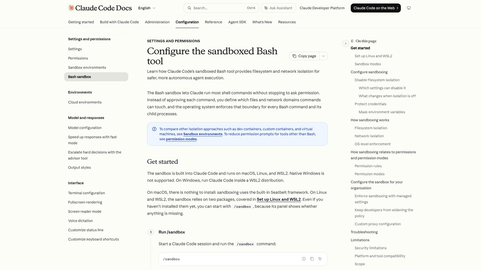 Claude Code sandboxing documentation showing supported platforms, fail behavior, and configuration