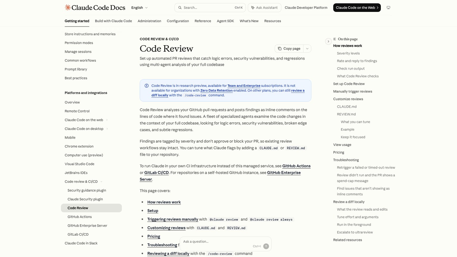 Claude Code Review documentation showing managed GitHub review setup, triggers, pricing, and local review