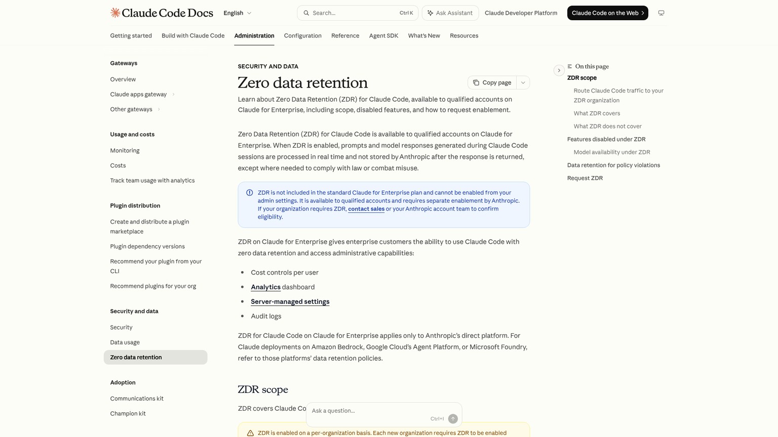 Claude Code Zero Data Retention documentation showing eligibility and disabled features