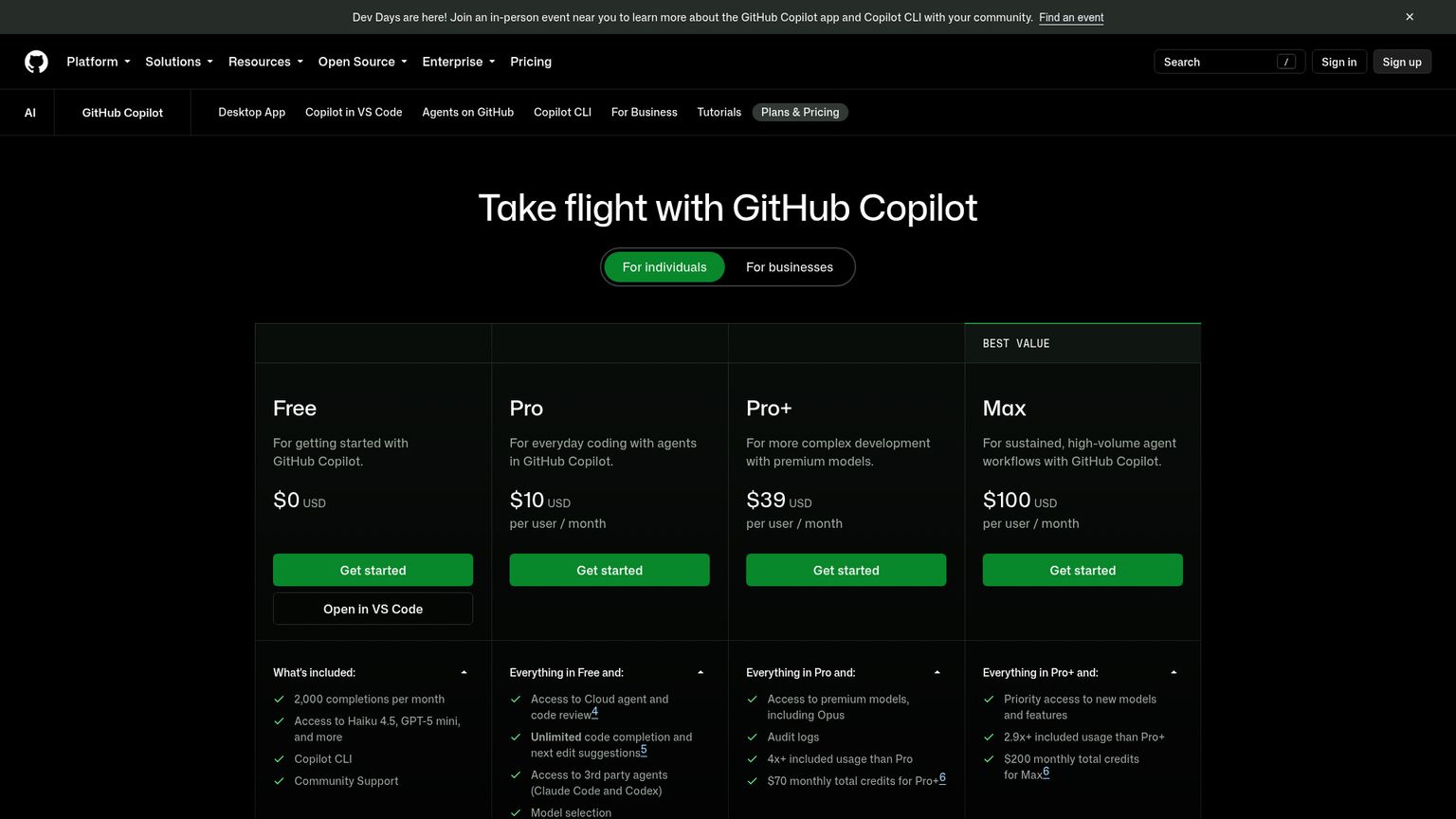 GitHub Copilot plans page showing individual subscription prices and included AI credits