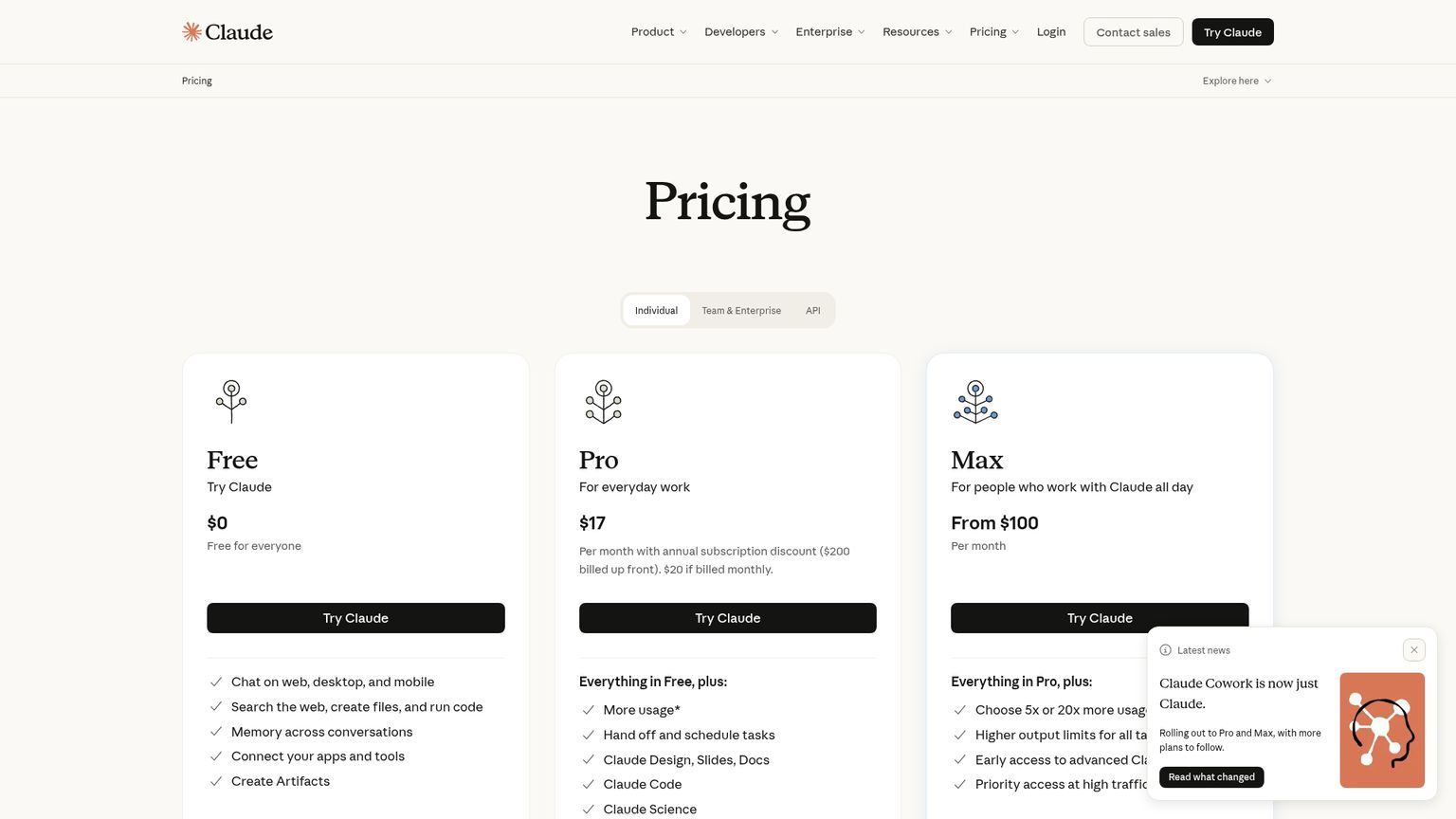 Claude pricing page with Pro, Max, Team seat prices and Enterprise usage billing