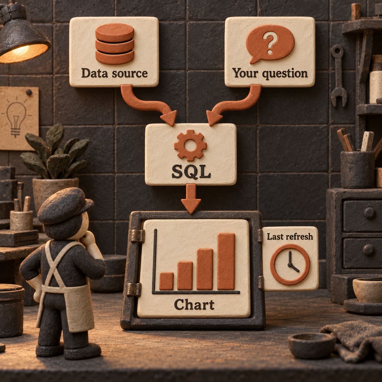 粘土のプレートで、データソースと質問からSQLを経て、最終更新を示す表示付きのグラフができる流れを表しています。