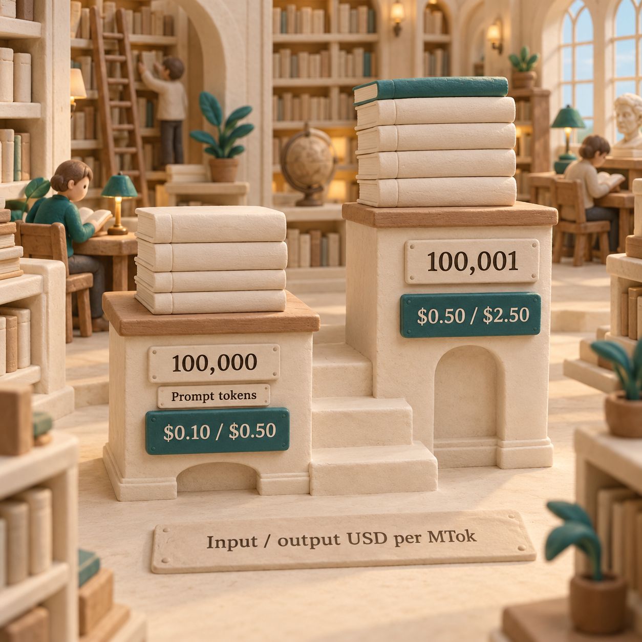 A clay library shelf steps upward between prompts of 100,000 and 100,001 tokens, with input and output rates rising from $0.10/$0.50 to $0.50/$2.50 per million tokens