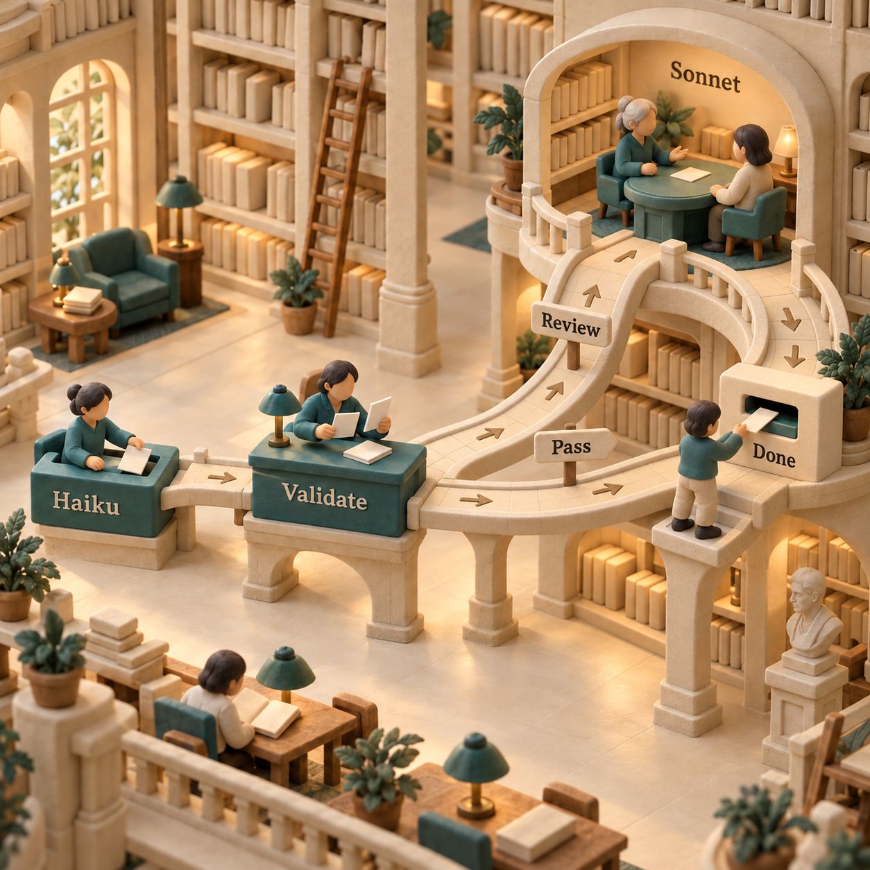 A clay library workflow sends a ticket from Haiku to a validation desk, then passing work to Done and review cases upstairs to Sonnet before rejoining Done