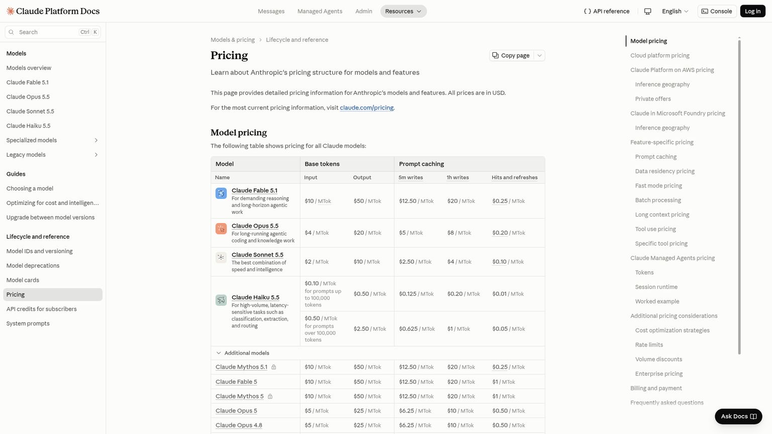 Anthropic's official API pricing documentation showing model token rates and prompt caching prices