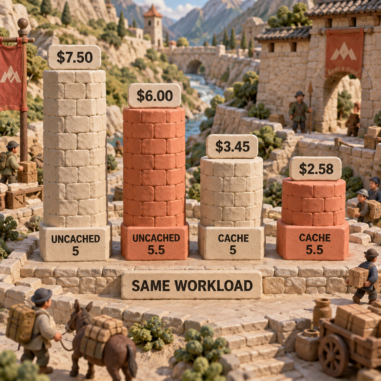Column chart comparing Opus 5 and Opus 5.5 costs for uncached and warmed-cache workloads
