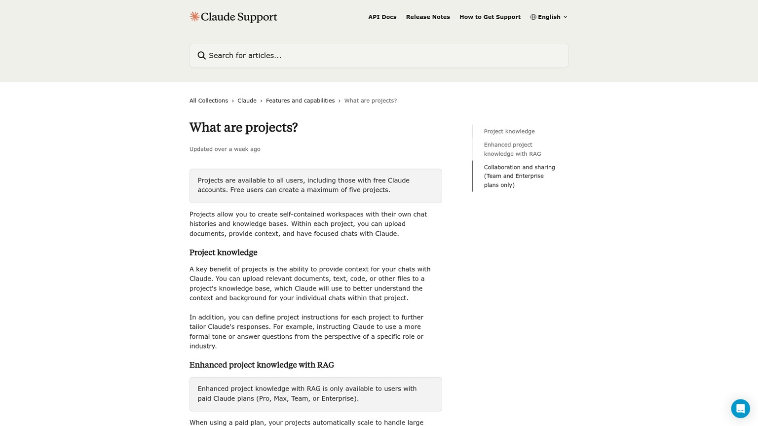Claude Projects documentation explaining project knowledge and shared workspaces