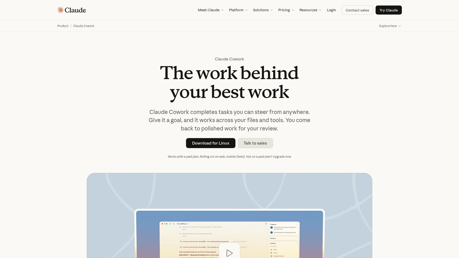 Claude Cowork product page showing delegated multi-step knowledge work