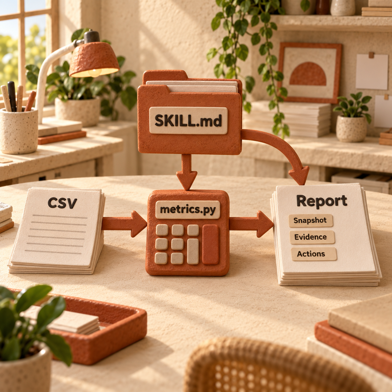 ملف CSV يزوّد حاسبة metrics.py وتقريرًا بالبيانات، بينما يحدّد SKILL.md قواعد الحساب والكتابة.