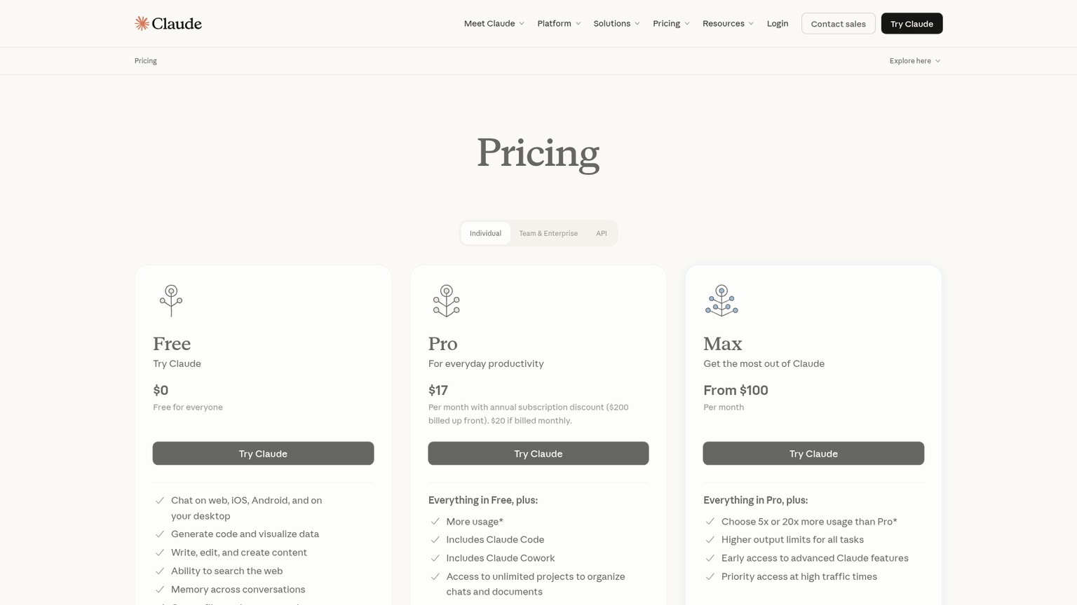 Claude pricing page