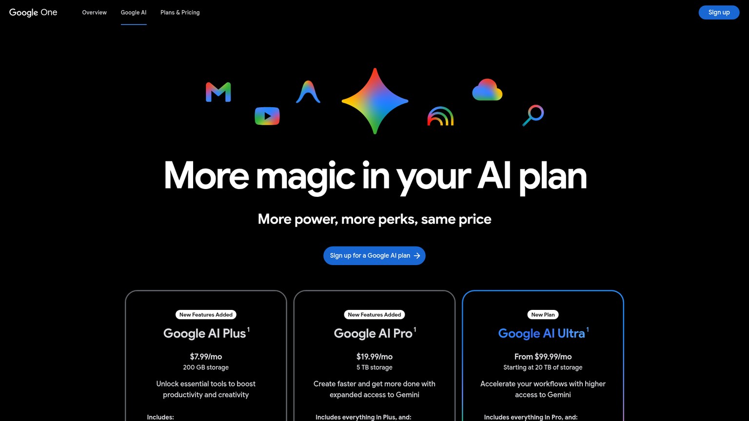 Google AI plans page
