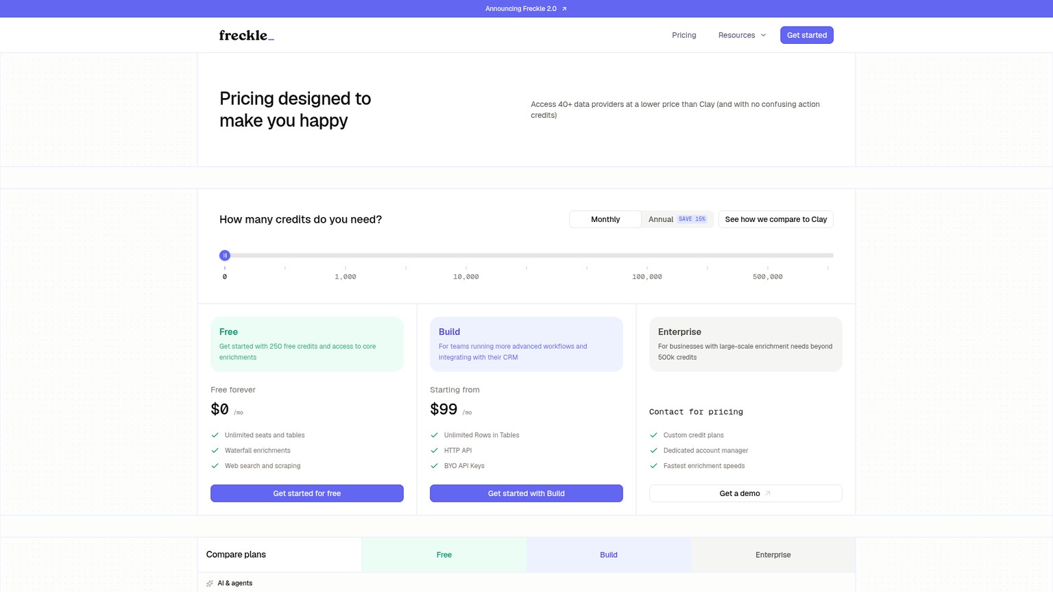 Freckle pricing page with Free, Build, and Enterprise plans