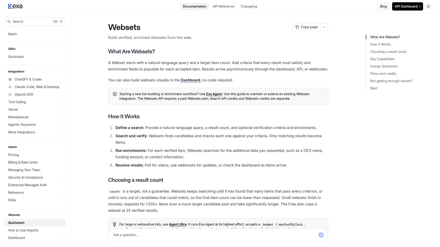 Exa Websets quickstart showing natural-language web research