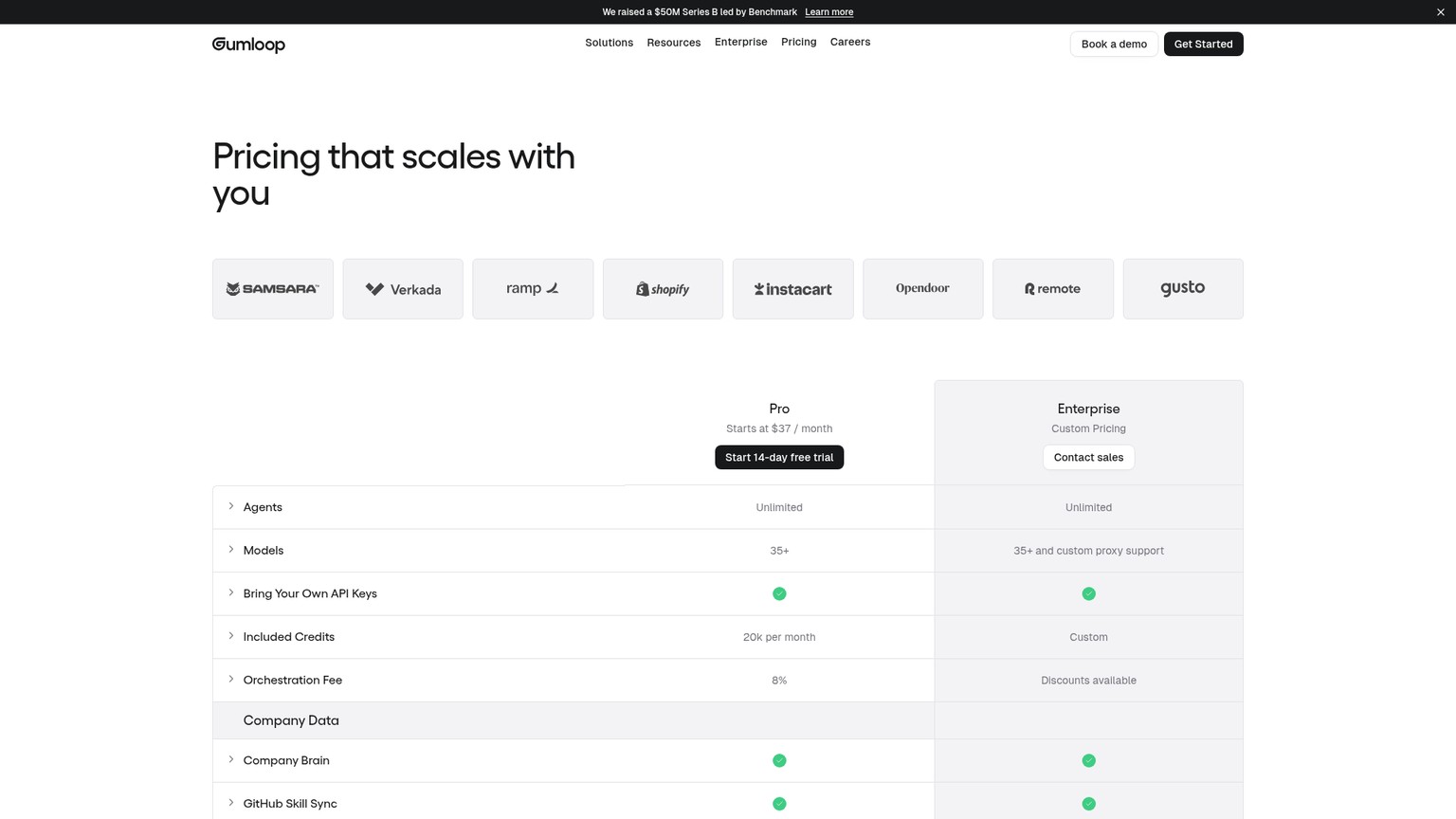 Gumloop pricing page for AI agents and workflow automation