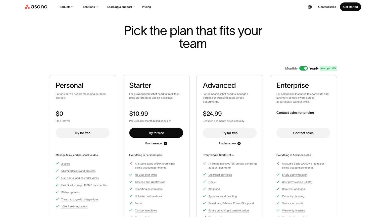 Pagina dei prezzi di Asana con i piani Personal, Starter, Advanced ed Enterprise