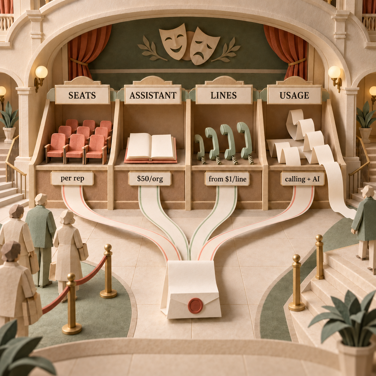 Paper theatre counters showing seat fees per rep, Call Assistant per organization, phone lines and variable usage combining into one bill.