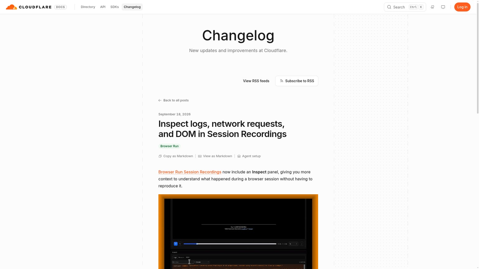Panel Inspect de Session Recording en Cloudflare Browser Run con logs, solicitudes de red y DOM