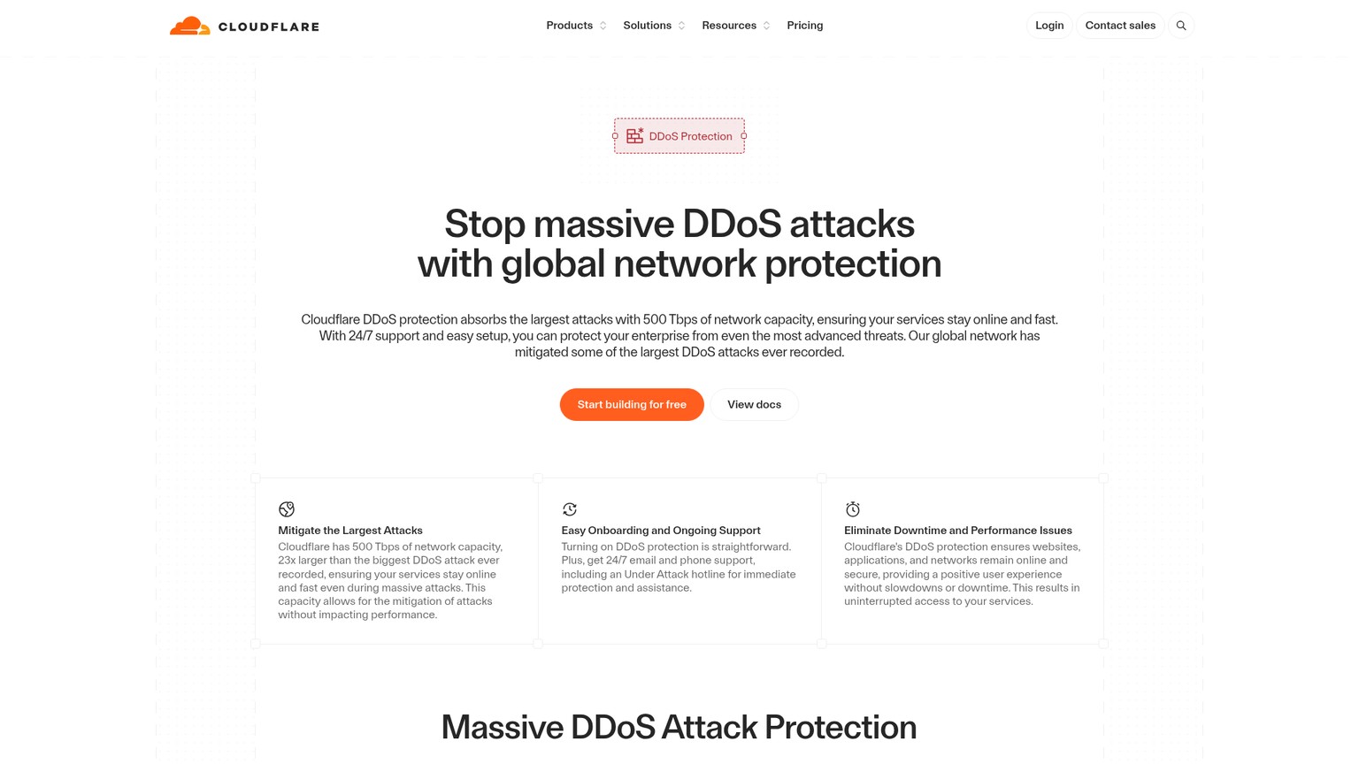Страница защиты Cloudflare от DDoS с описанием сетевого решения
