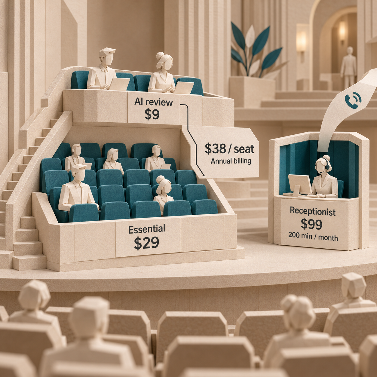 Paper theatre cutaway separates Essential and AI review charges per seat from a receptionist usage bundle