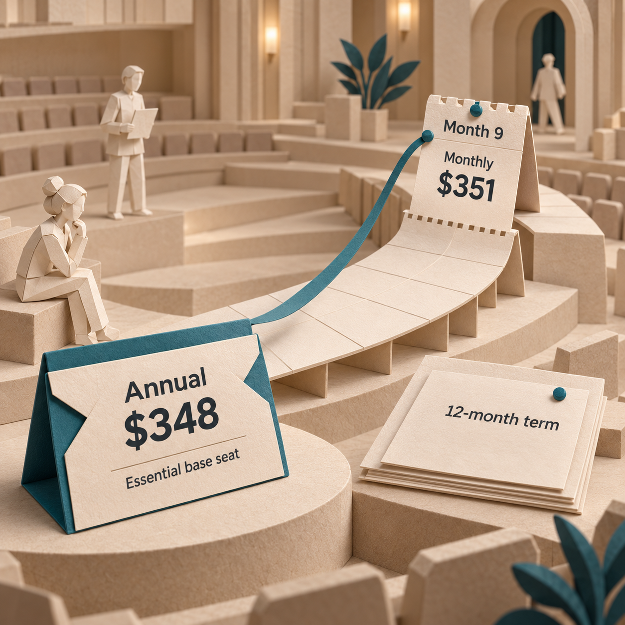 Paper calendar timeline compares a $348 prepaid annual Essential seat with $351 after nine monthly payments