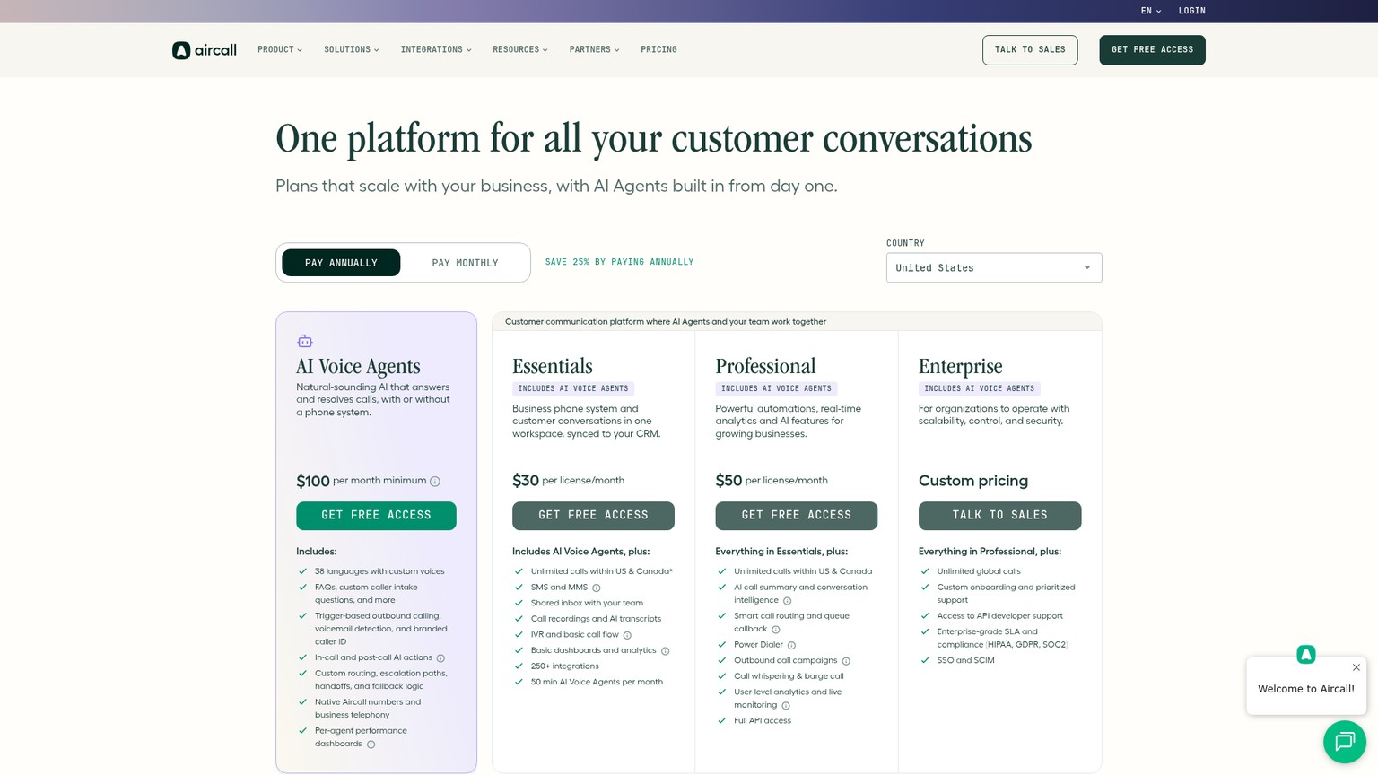 Aircall pricing page showing its current plans and advertised AI inclusions