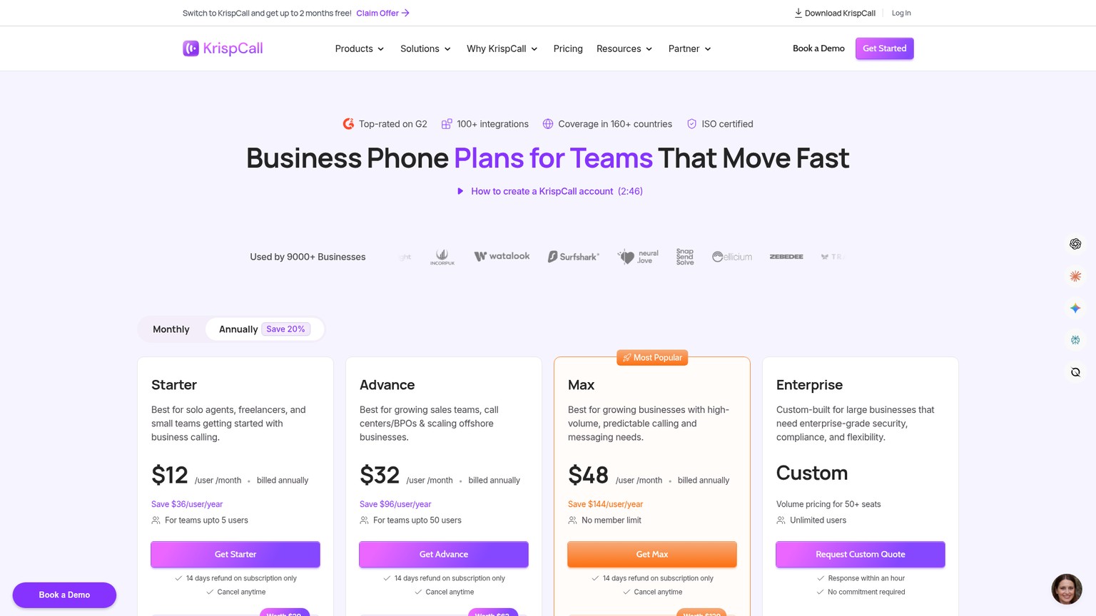 KrispCall pricing page with Starter, Advance, Max and Enterprise plans