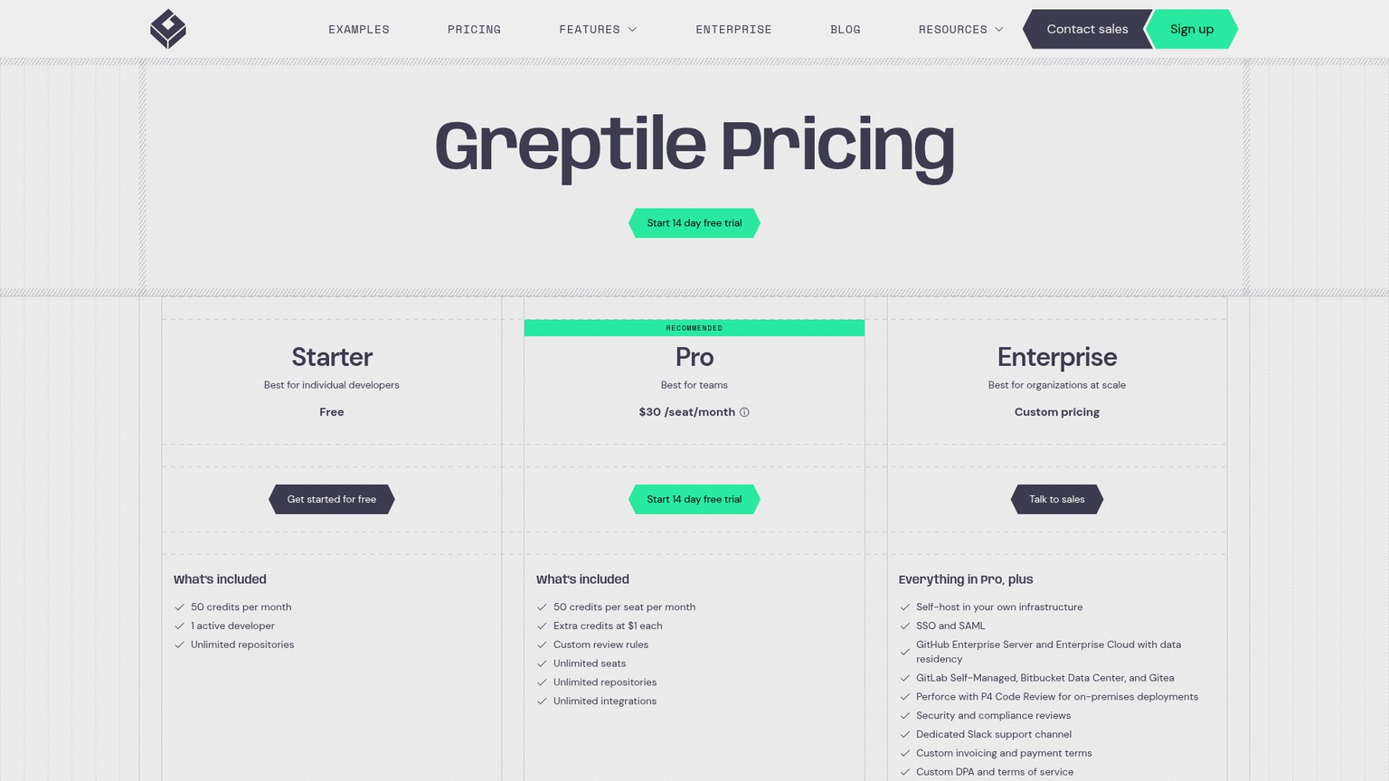 Greptile pricing page with seat and review credit plans