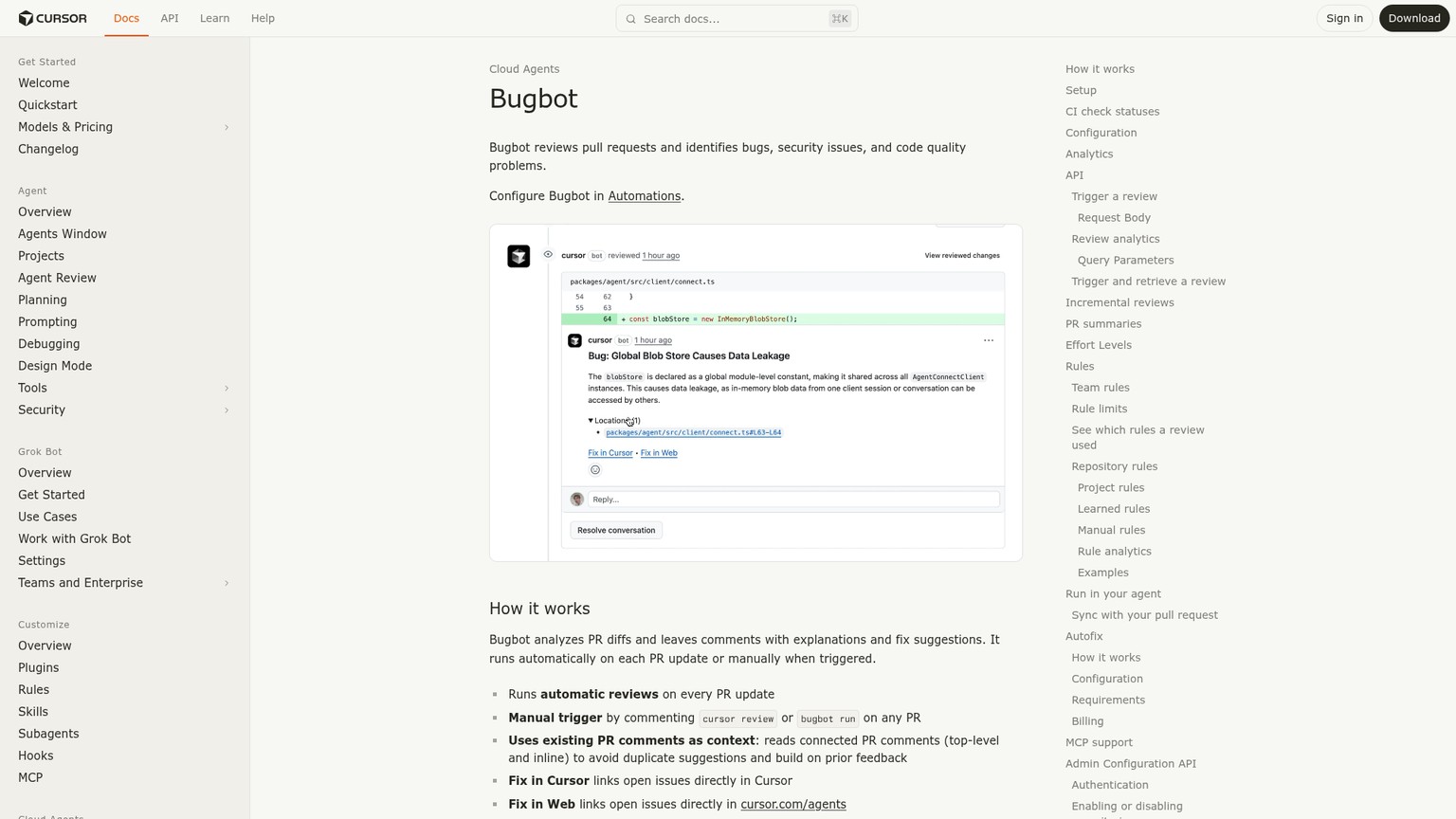 Cursor Bugbot documentation for automated pull request review