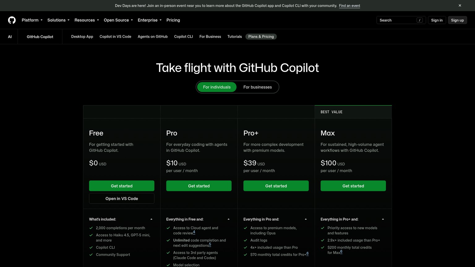 GitHub Copilot plans including pull request code review